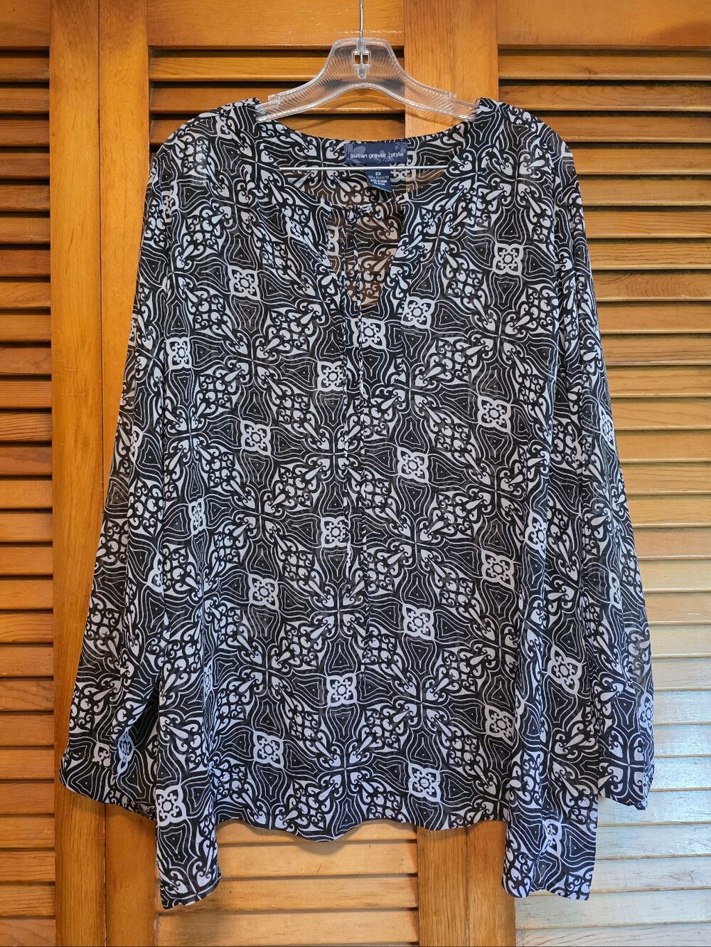 Susan Graver Black White Geometric Medallion Sheer Tunic Blouse Top Size 2X